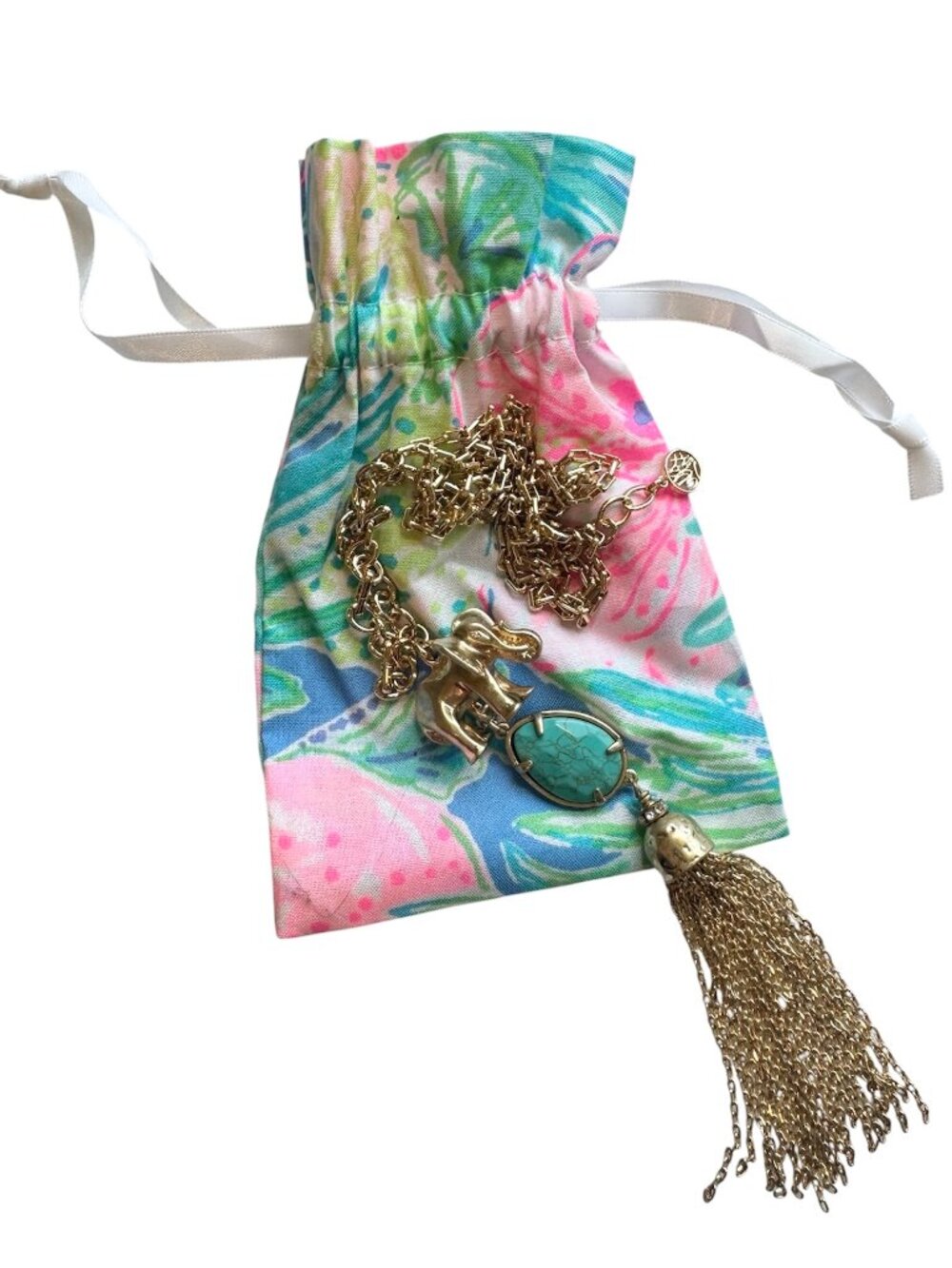 Lilly Pulitzer Trunks Up Long Gold Tone Tassel Style Necklace Turquoise Howlite